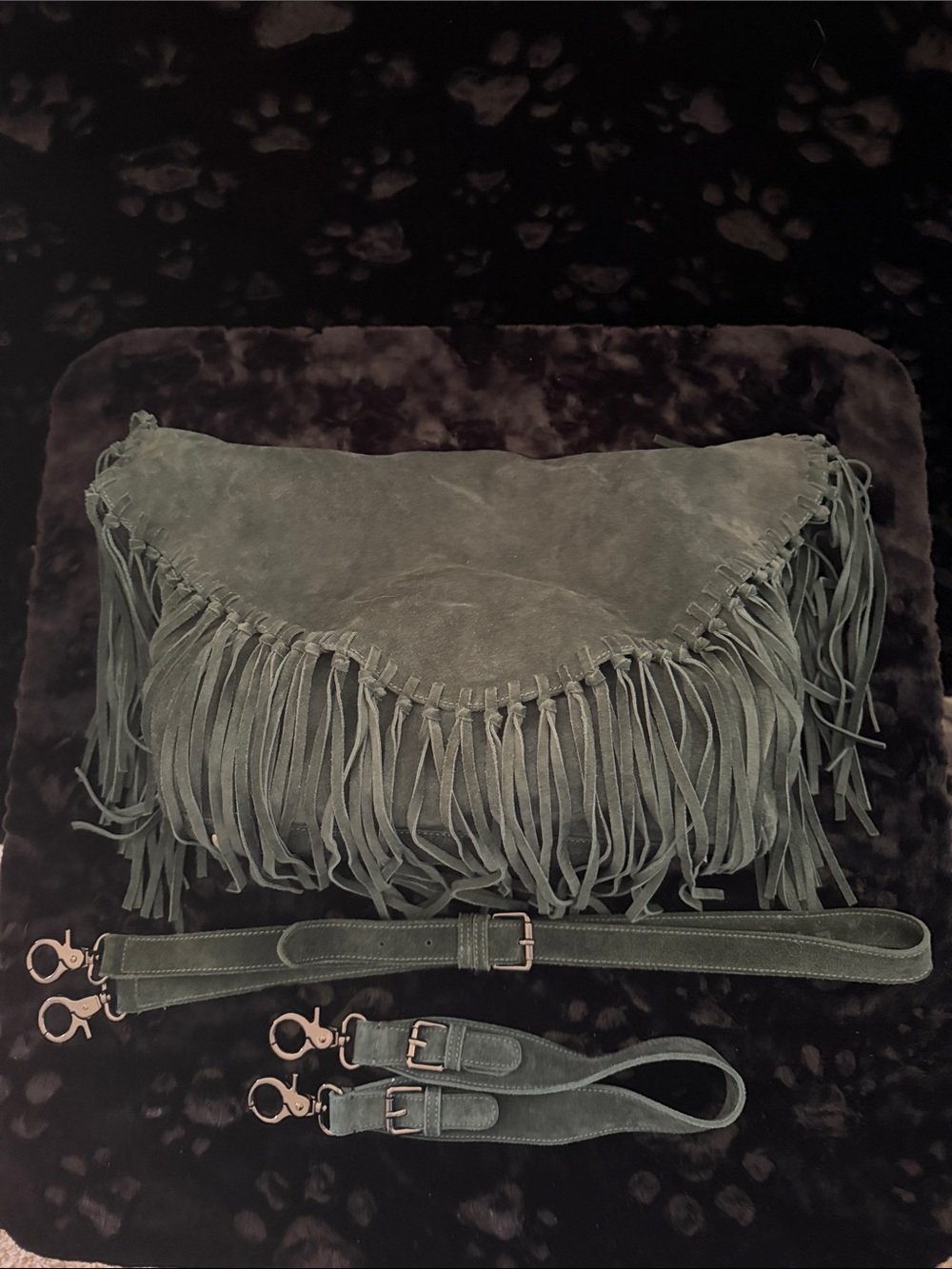 Sorial Dark Olive Suede Fringe Crossbody/shoulder handbag with two Straps